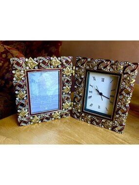 Bombay Company Victorian Style Metal Rhinestone Enamel Photo Clock Combo